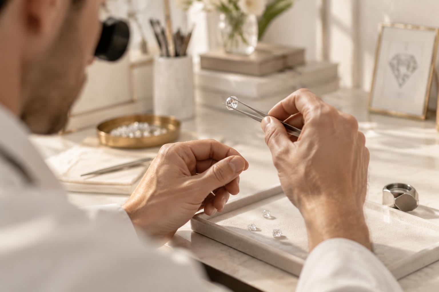 A jeweler examining a loose diamond with tweezers at a bright workbench