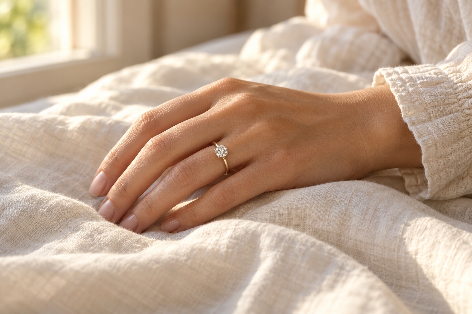 A diamond solitaire ring worn on a relaxed hand resting on ivory linen