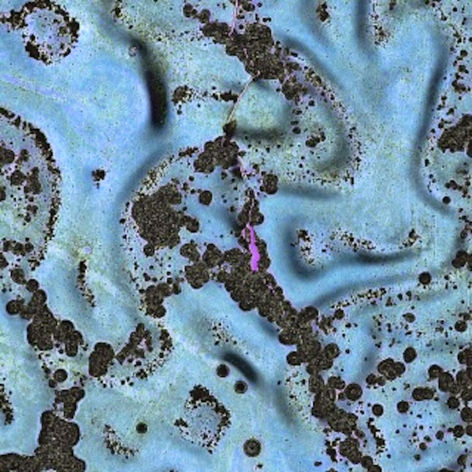 An abstract, textured surface featuring pale blue hues with irregular, jagged edges highlighted in vibrant purple, blue, and black.