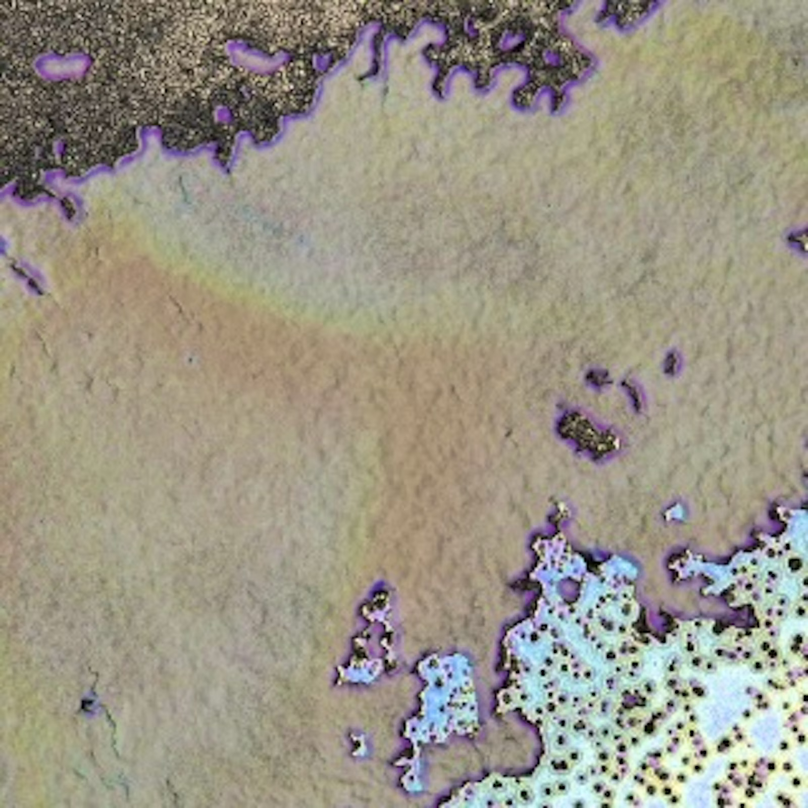 An abstract, textured surface featuring pale yellow and beige hues with irregular, jagged edges highlighted in vibrant purple, blue, and black.