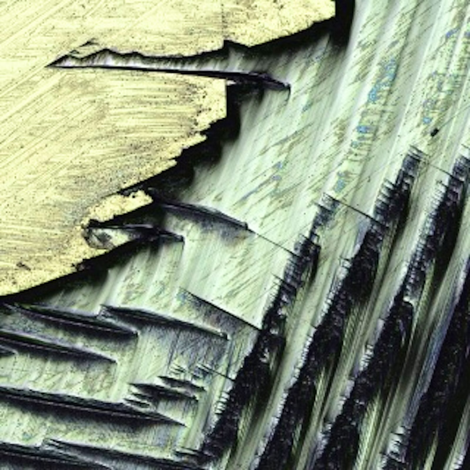 An extreme close-up view of a material surface showing a sharp boundary between two distinct textures.