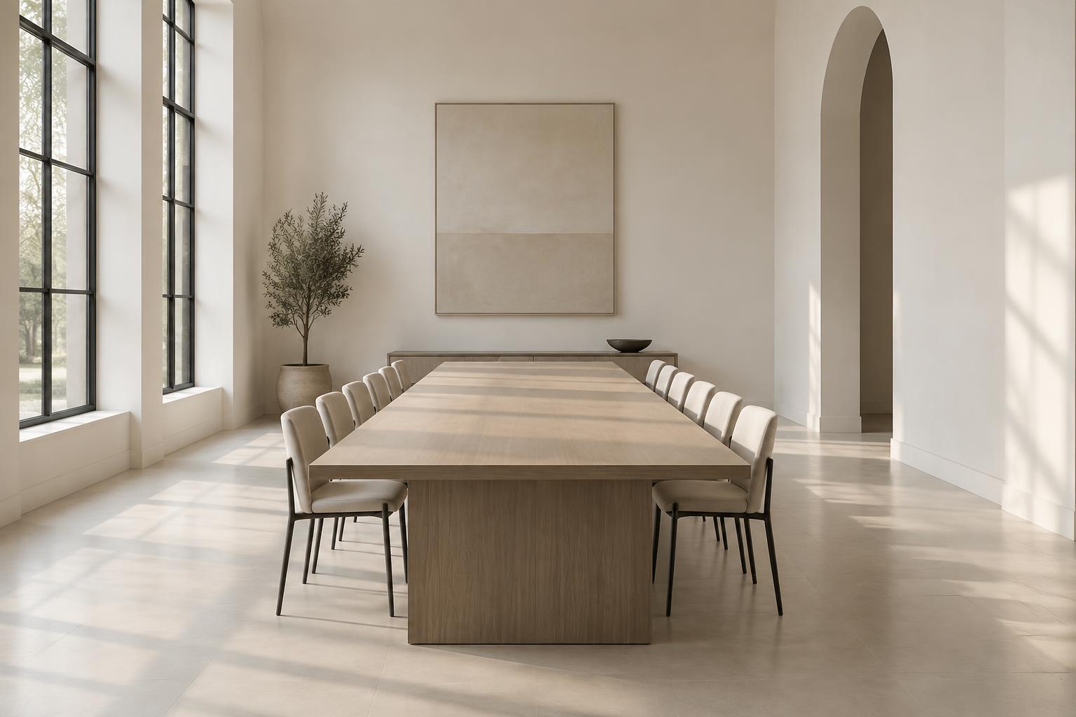 A bright, spare meeting room with daylight through tall windows